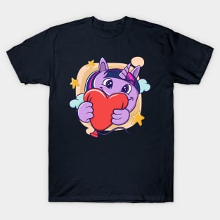 cute facial expression illustration of a little unicorn holding a red balloon T-Shirt